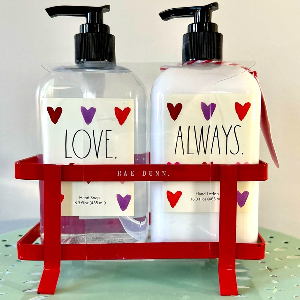 Rae Dunn Wild Rose Hand Soap and Lotion set in red metal holder NWT